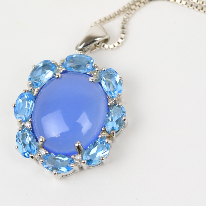 Sterling Silver, 4.28 Carat Chrysoprase, 2.16 CTW Blue Topaz, and Diamond Pendant Necklace