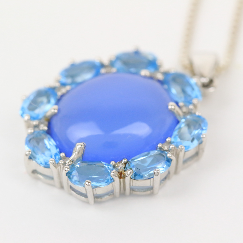 Sterling Silver, 4.28 Carat Chrysoprase, 2.16 CTW Blue Topaz, and Diamond Pendant Necklace