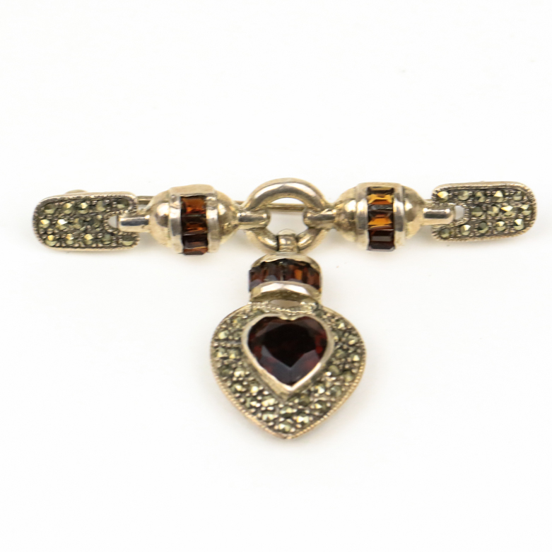 Vintage Sterling Silver, Red Glass, and Marcasite Brooch