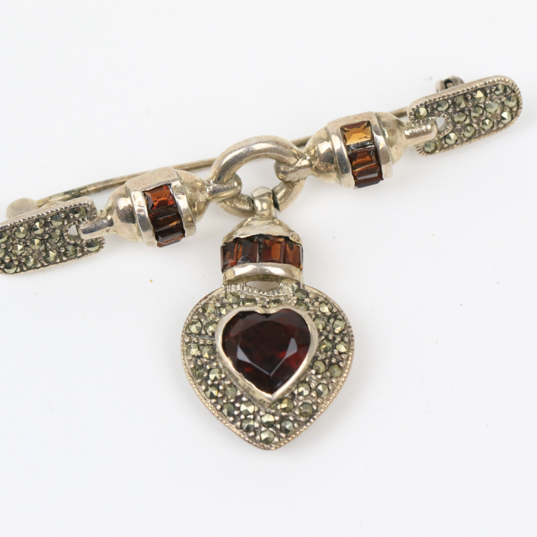 Vintage Sterling Silver, Red Glass, and Marcasite Brooch