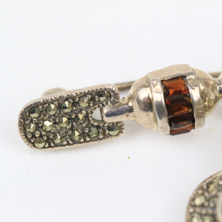 Vintage Sterling Silver, Red Glass, and Marcasite Brooch