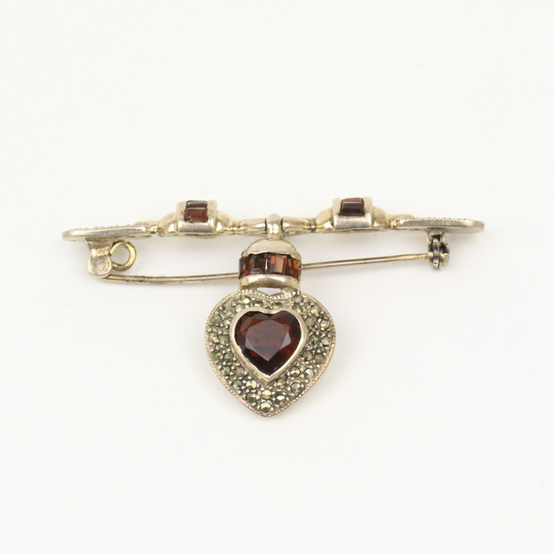 Vintage Sterling Silver, Red Glass, and Marcasite Brooch