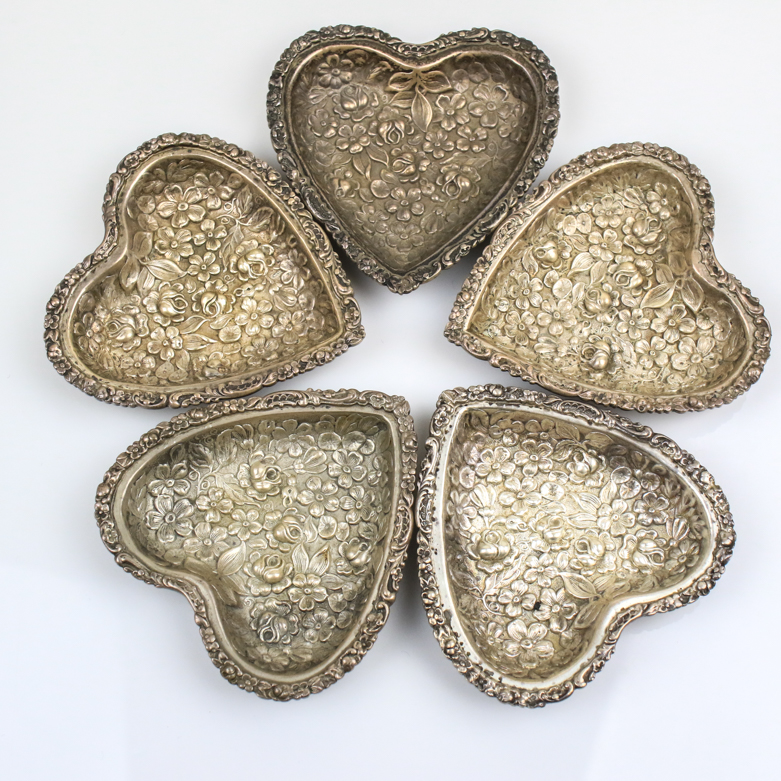 Set of Vintage Stieff Sterling Silver Repoussé Heart Trinket Dishes