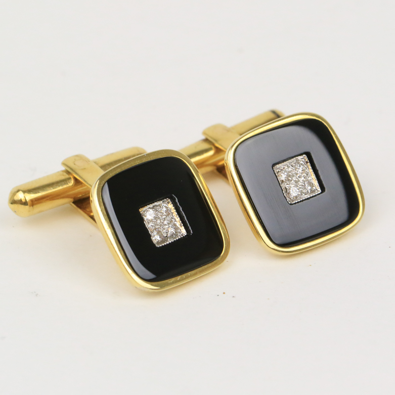 18K Yellow Gold, Diamond, and Onyx Cufflinks