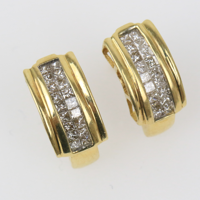 14K Yellow Gold and Invisible Set Diamond Half Hoop Earrings