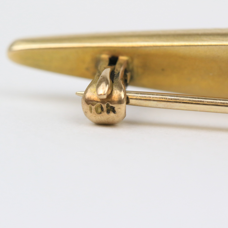 Mid-Century 10K Yellow Gold and Button Pearl Bar Brooch