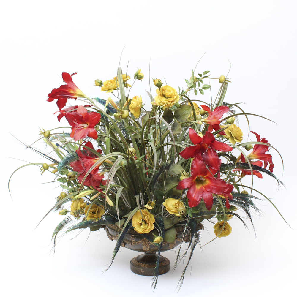 Footed Urn With Decorative Silk Flower Arrangement