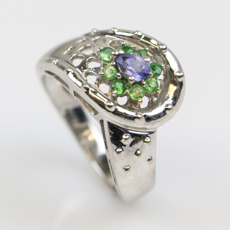14K White Gold, Tanzanite, and Emerald Pierced Flower Ring
