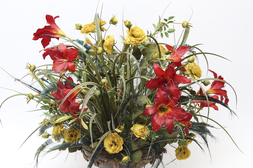 Footed Urn With Decorative Silk Flower Arrangement