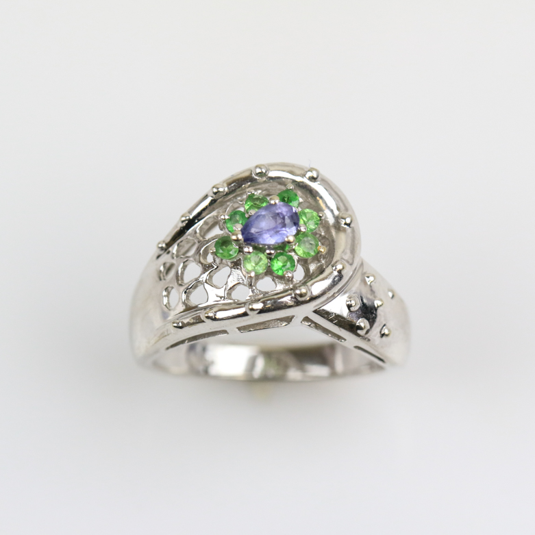 14K White Gold, Tanzanite, and Emerald Pierced Flower Ring
