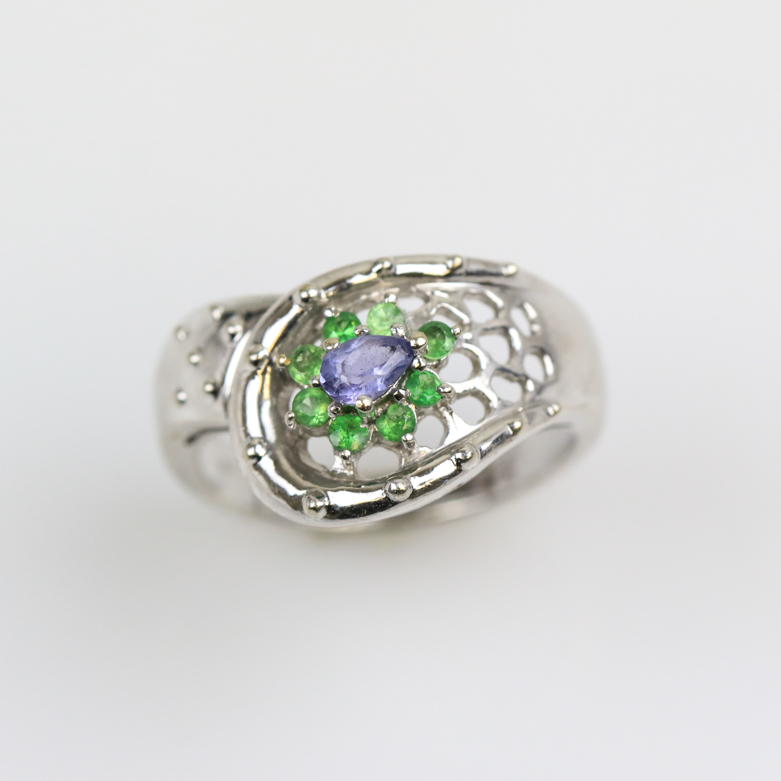 14K White Gold, Tanzanite, and Emerald Pierced Flower Ring