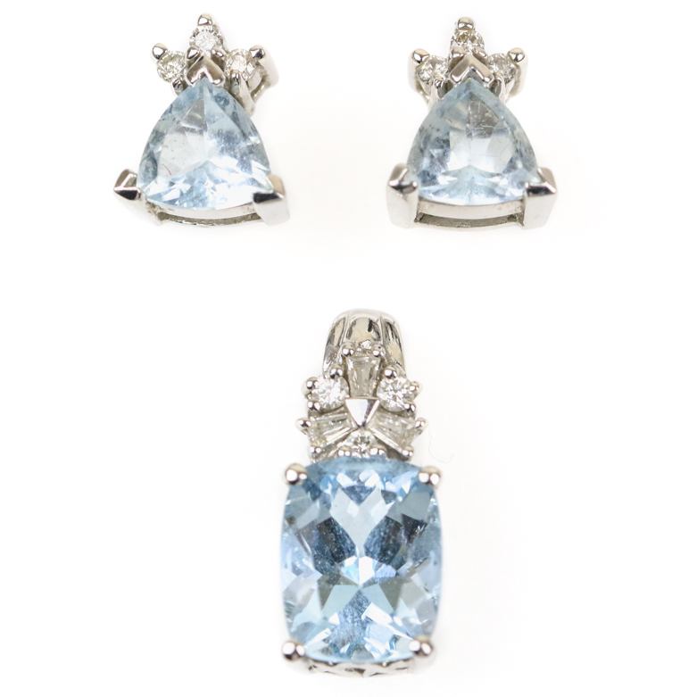 14K White Gold, Aquamarine, and Diamond Pendant and Stud Earrings