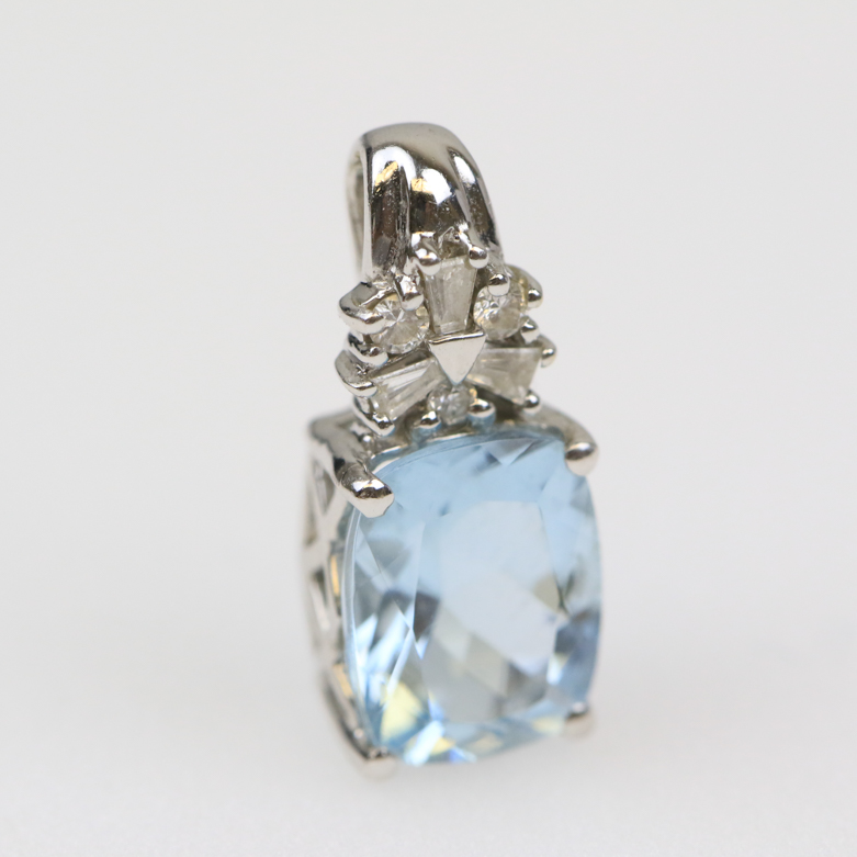 14K White Gold, Aquamarine, and Diamond Pendant and Stud Earrings