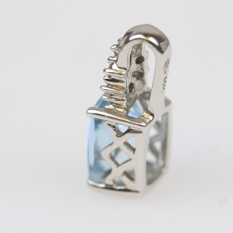 14K White Gold, Aquamarine, and Diamond Pendant and Stud Earrings