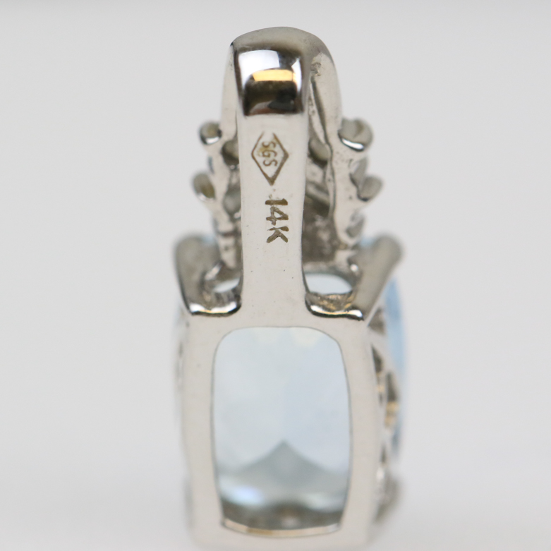 14K White Gold, Aquamarine, and Diamond Pendant and Stud Earrings