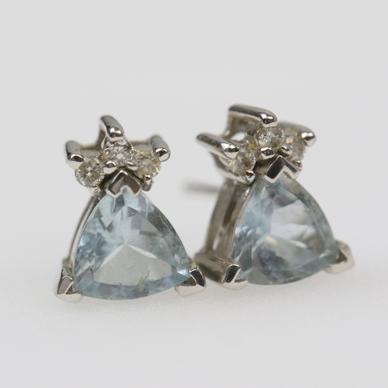 14K White Gold, Aquamarine, and Diamond Pendant and Stud Earrings