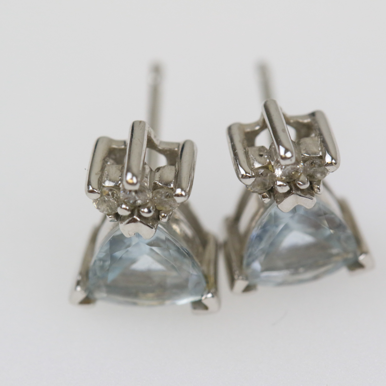 14K White Gold, Aquamarine, and Diamond Pendant and Stud Earrings