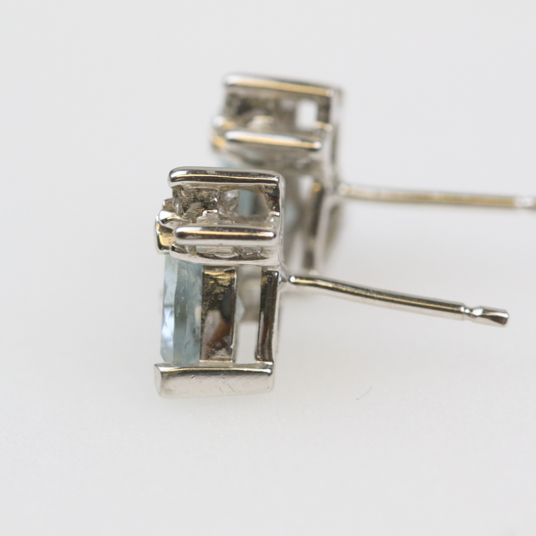 14K White Gold, Aquamarine, and Diamond Pendant and Stud Earrings