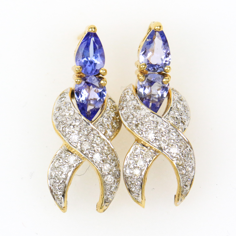 14K Yellow Gold, Tanzanite, and Diamond Articulated Drop Earrings