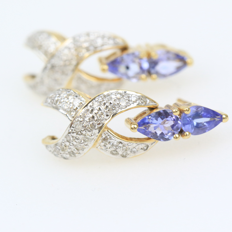 14K Yellow Gold, Tanzanite, and Diamond Articulated Drop Earrings