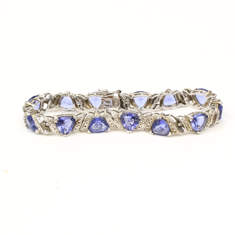 Sterling Silver, Diamond, and Blue Violet Glass Link Bracelet
