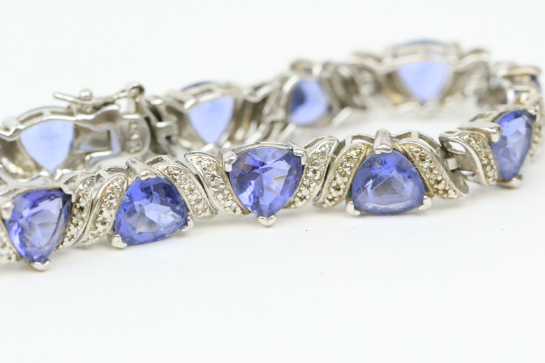 Sterling Silver, Diamond, and Blue Violet Glass Link Bracelet