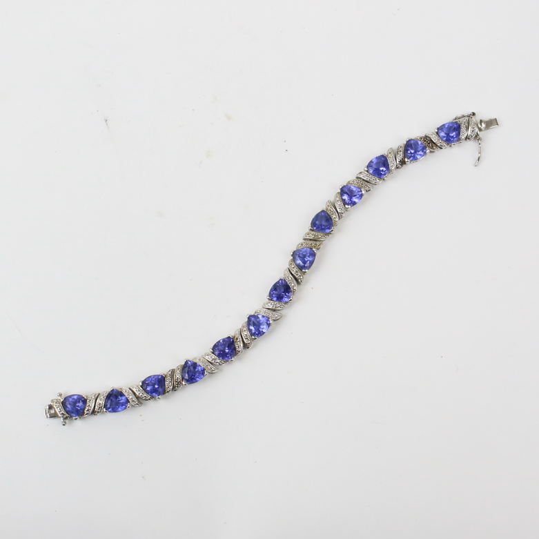 Sterling Silver, Diamond, and Blue Violet Glass Link Bracelet