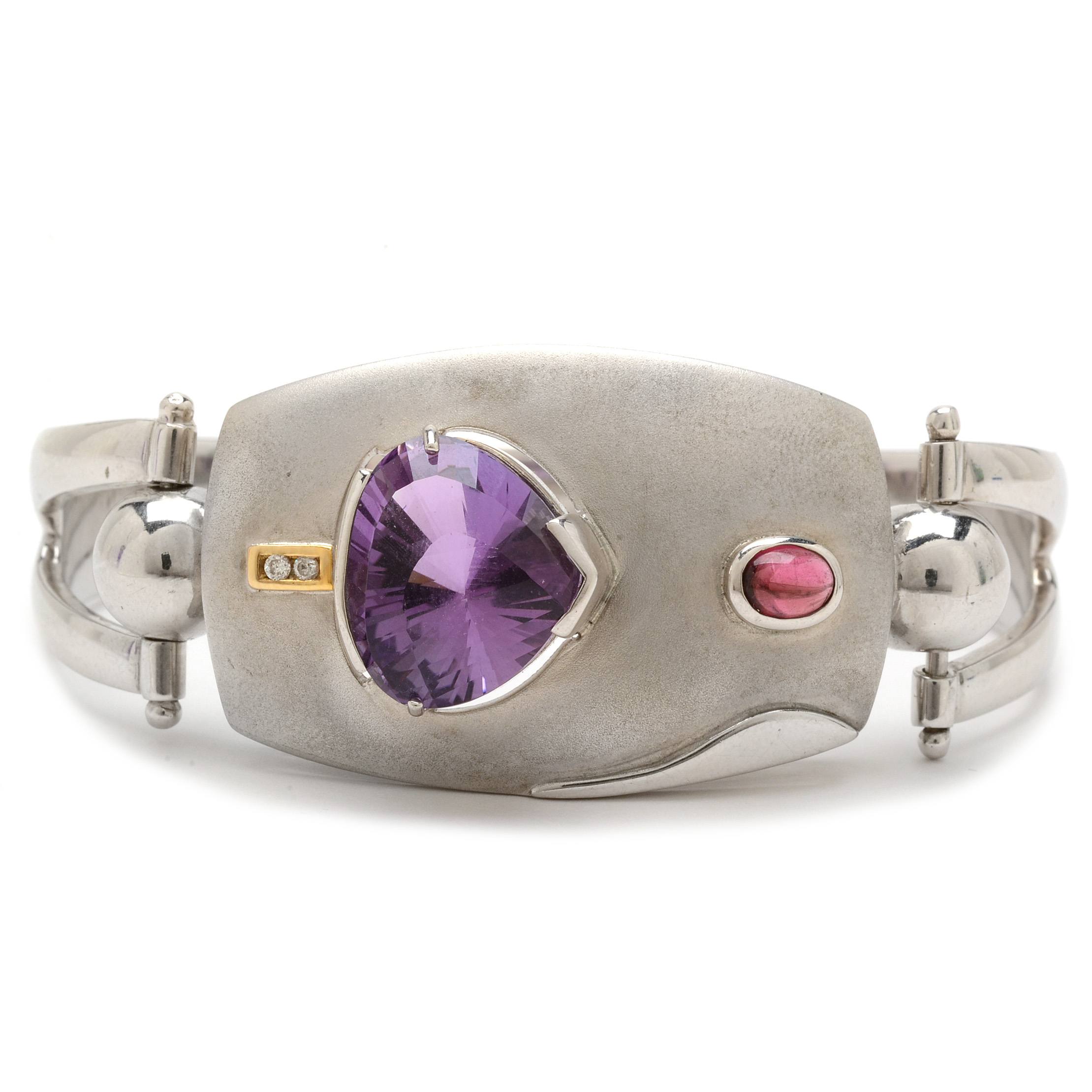 Sterling Silver Amethyst, Pink Tourmaline, Diamond Statement Bracelet