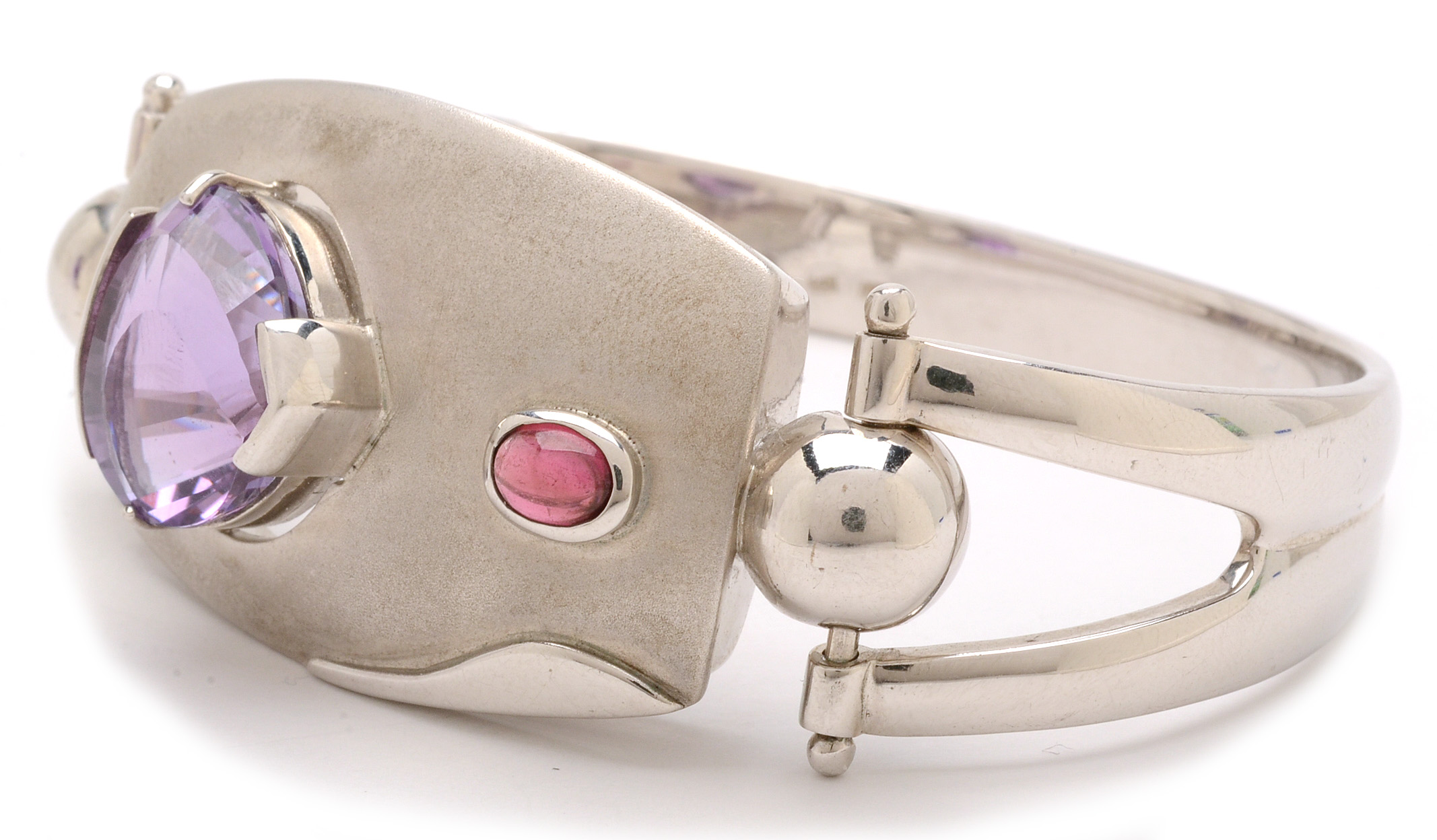 Sterling Silver Amethyst, Pink Tourmaline, Diamond Statement Bracelet