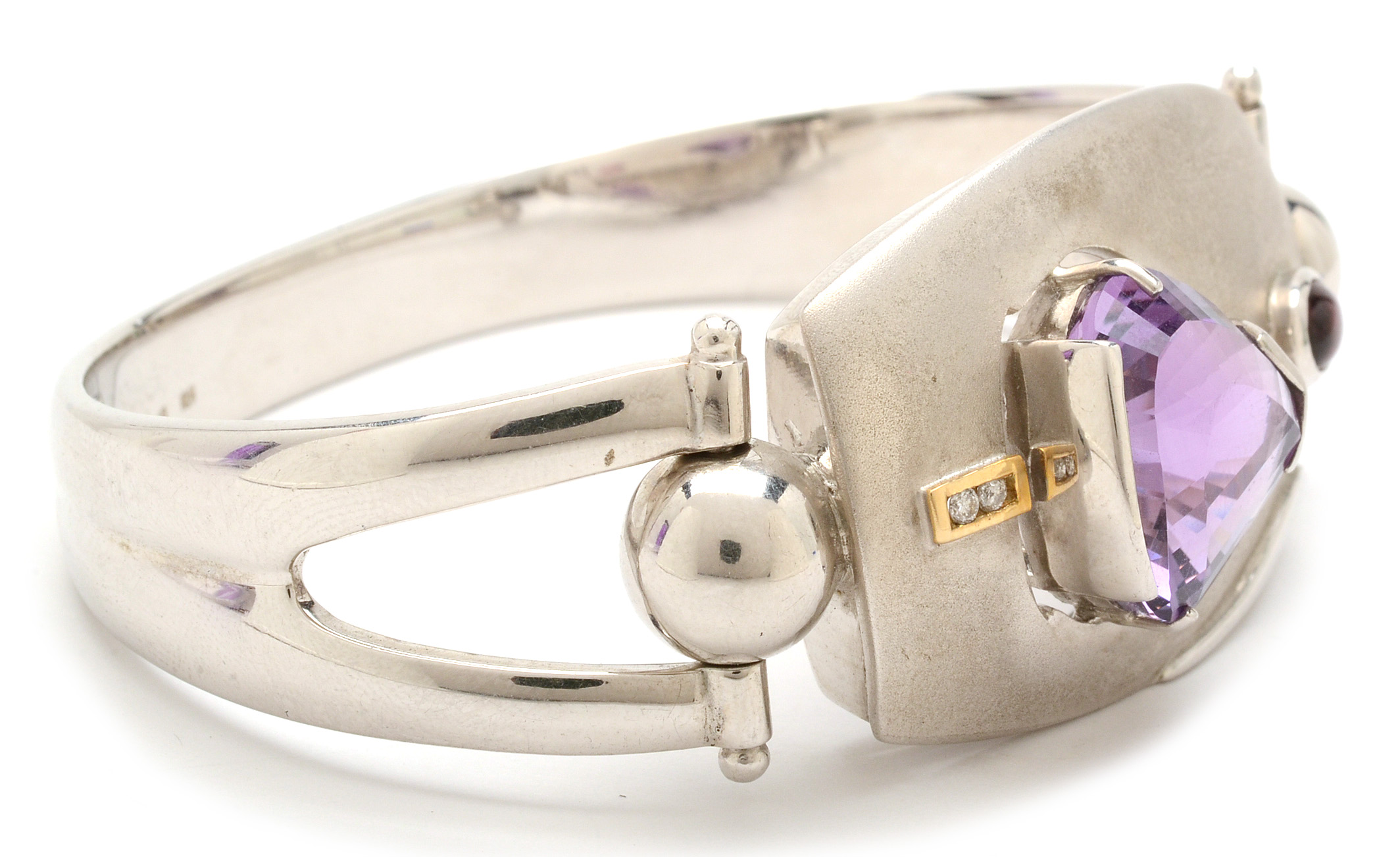 Sterling Silver Amethyst, Pink Tourmaline, Diamond Statement Bracelet