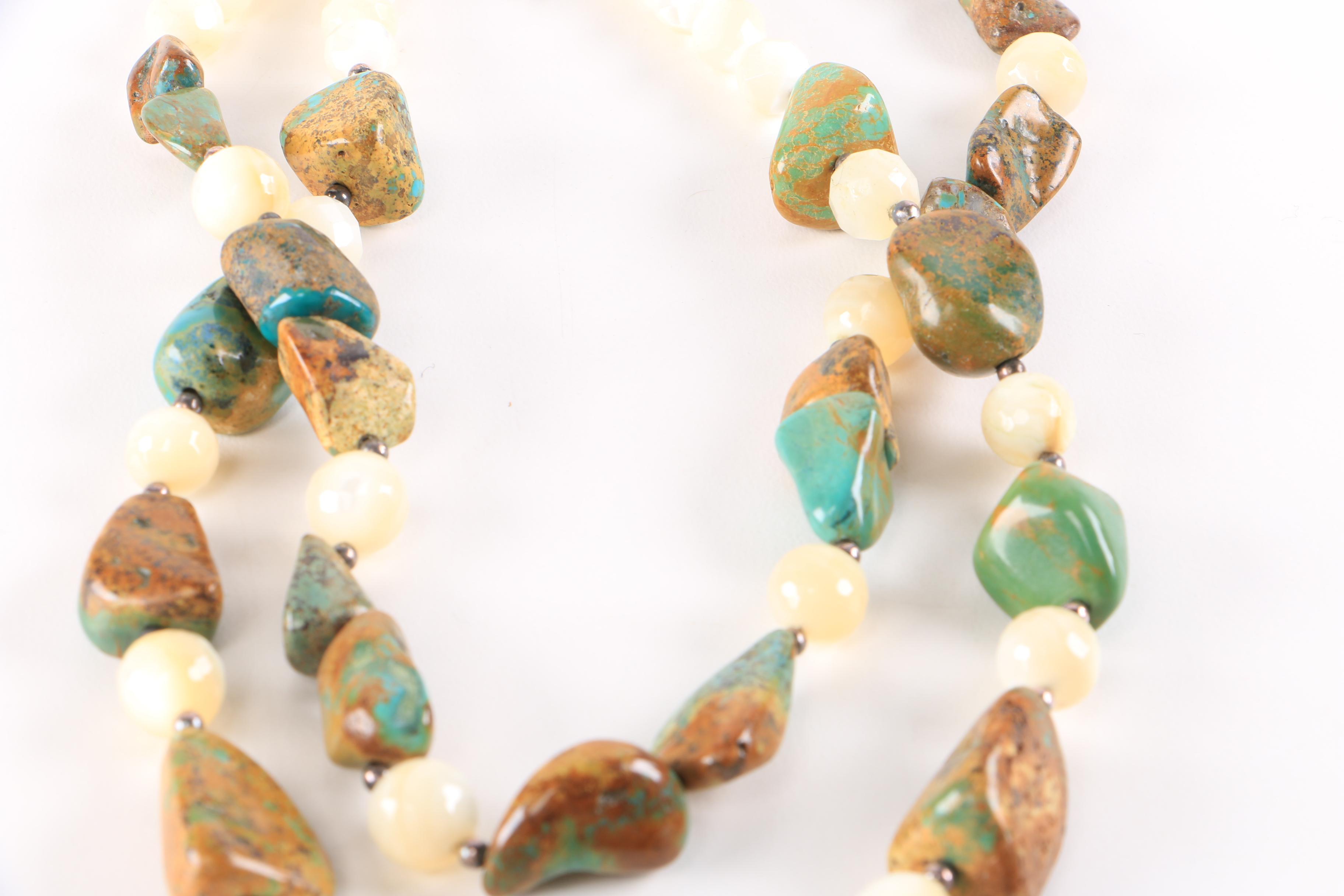 Turquoise and Shell Necklace With Sterling Silver Findings