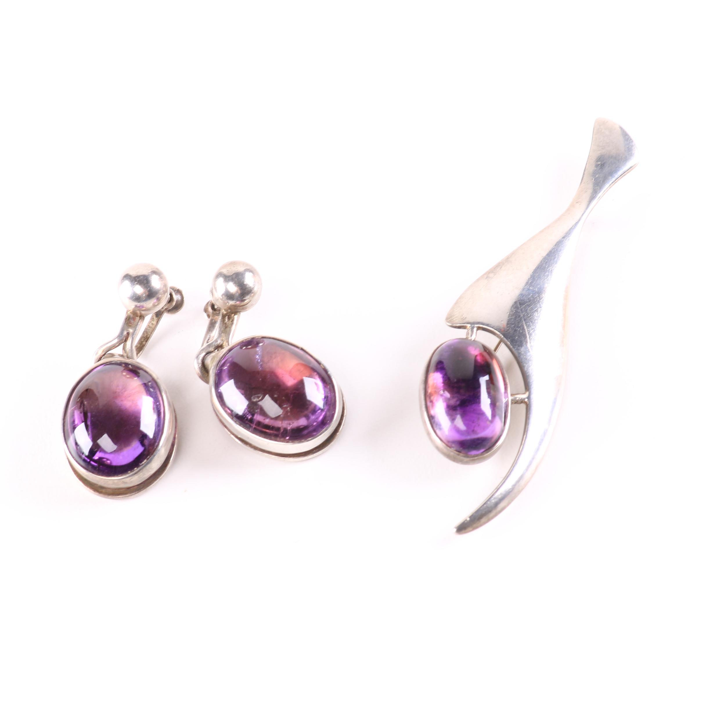 Sigi Pineda Sterling Silver and Amethyst Earrings and Brooch