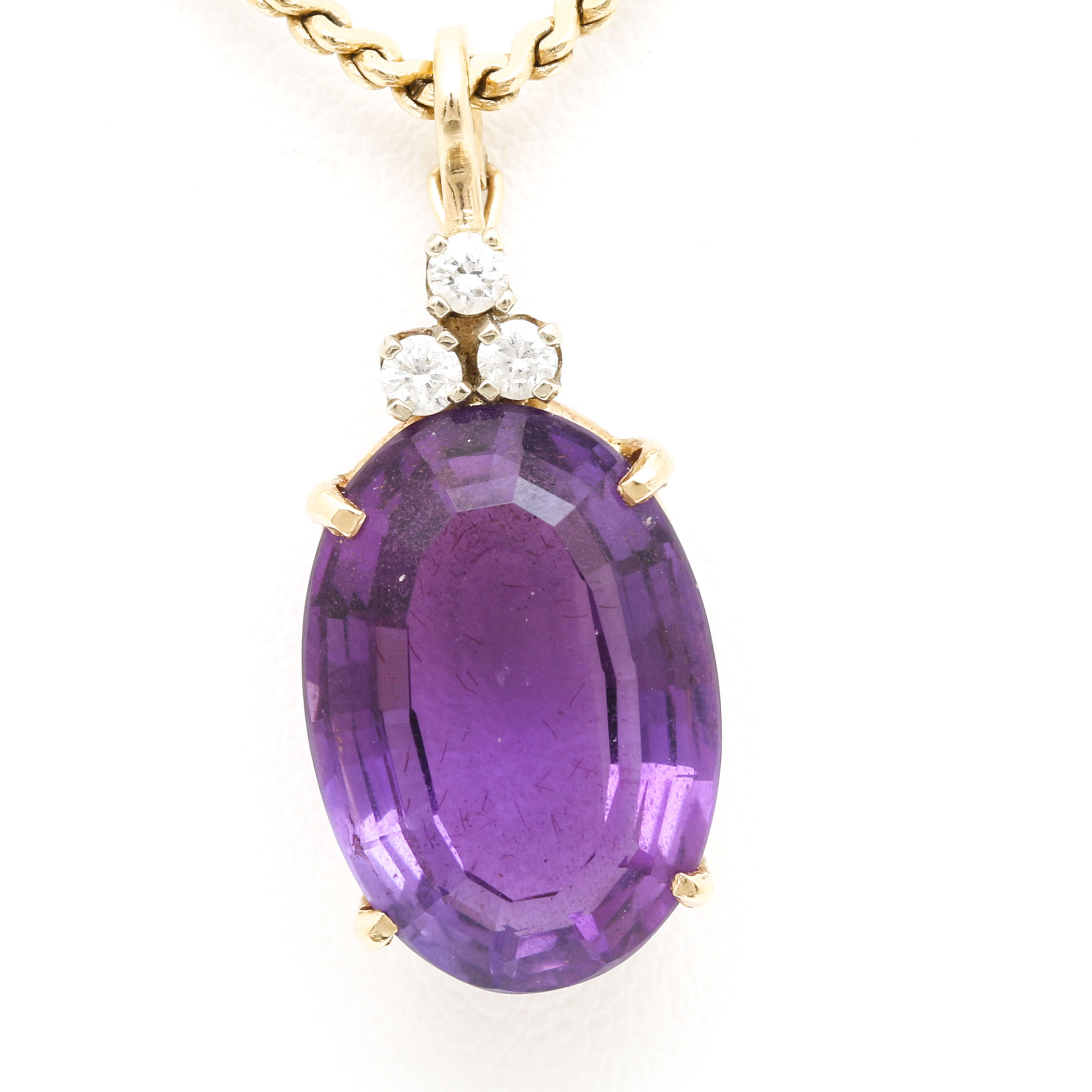 14K Yellow Gold Amethyst and Diamond Pendant