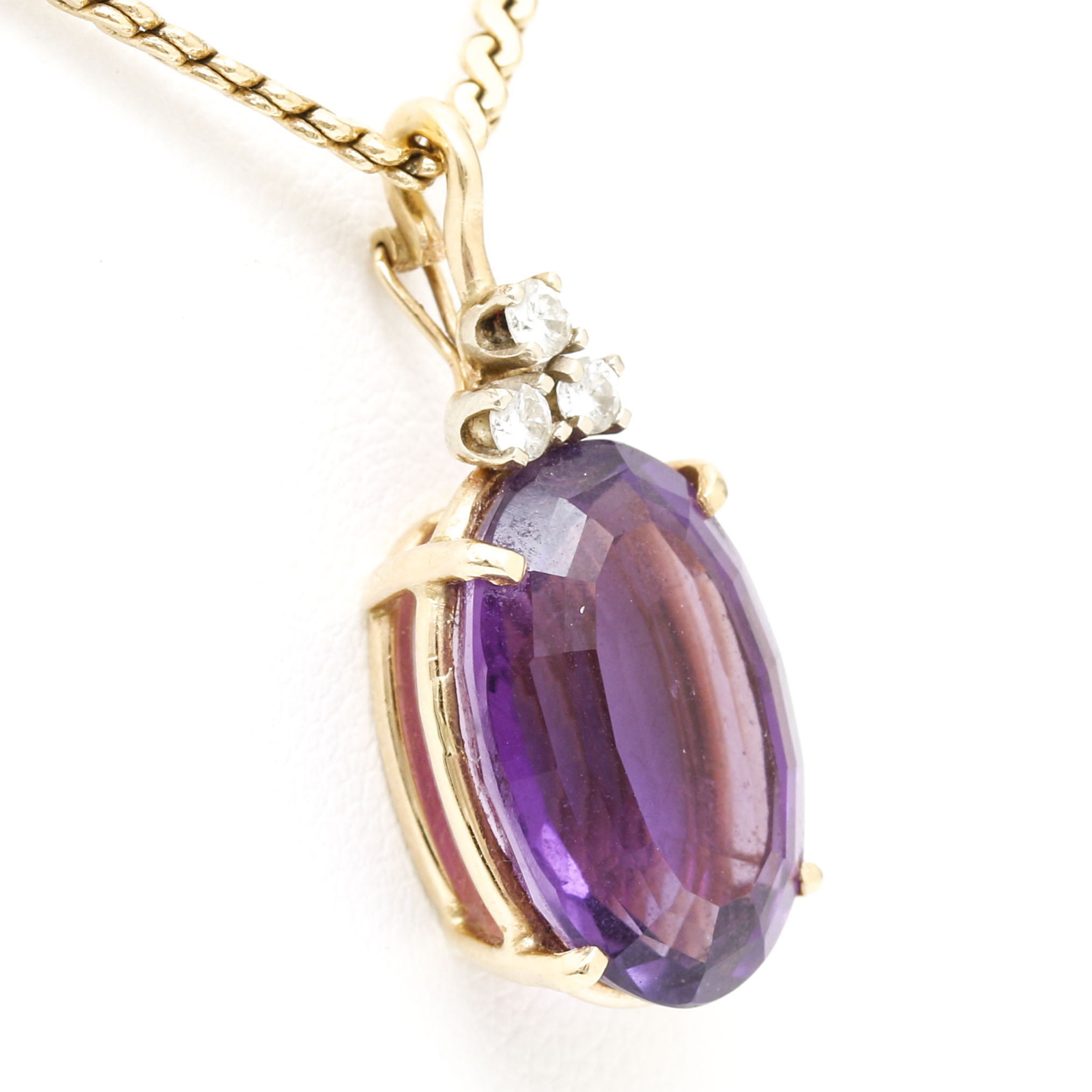 14K Yellow Gold Amethyst and Diamond Pendant