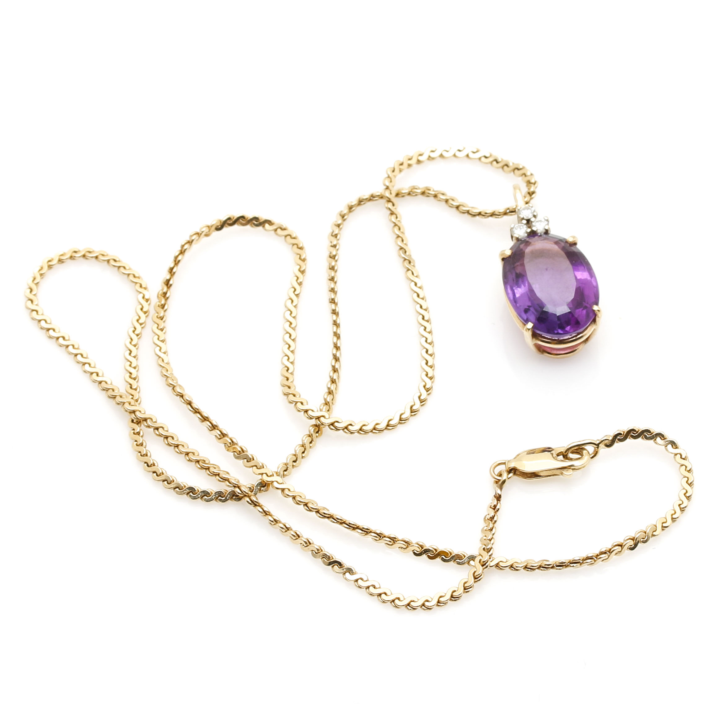 14K Yellow Gold Amethyst and Diamond Pendant