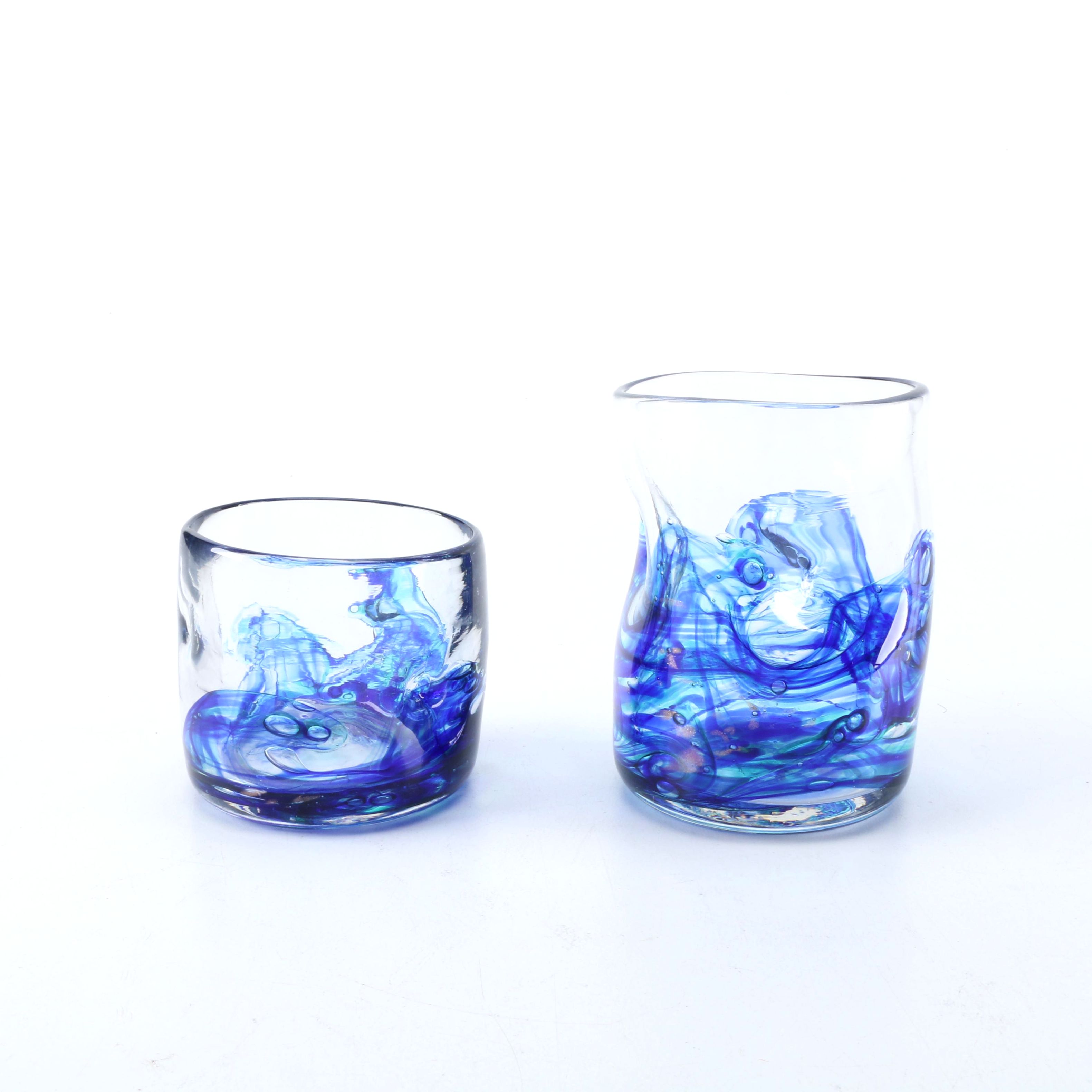 Handblown Blue Swirled Art Glass Cups