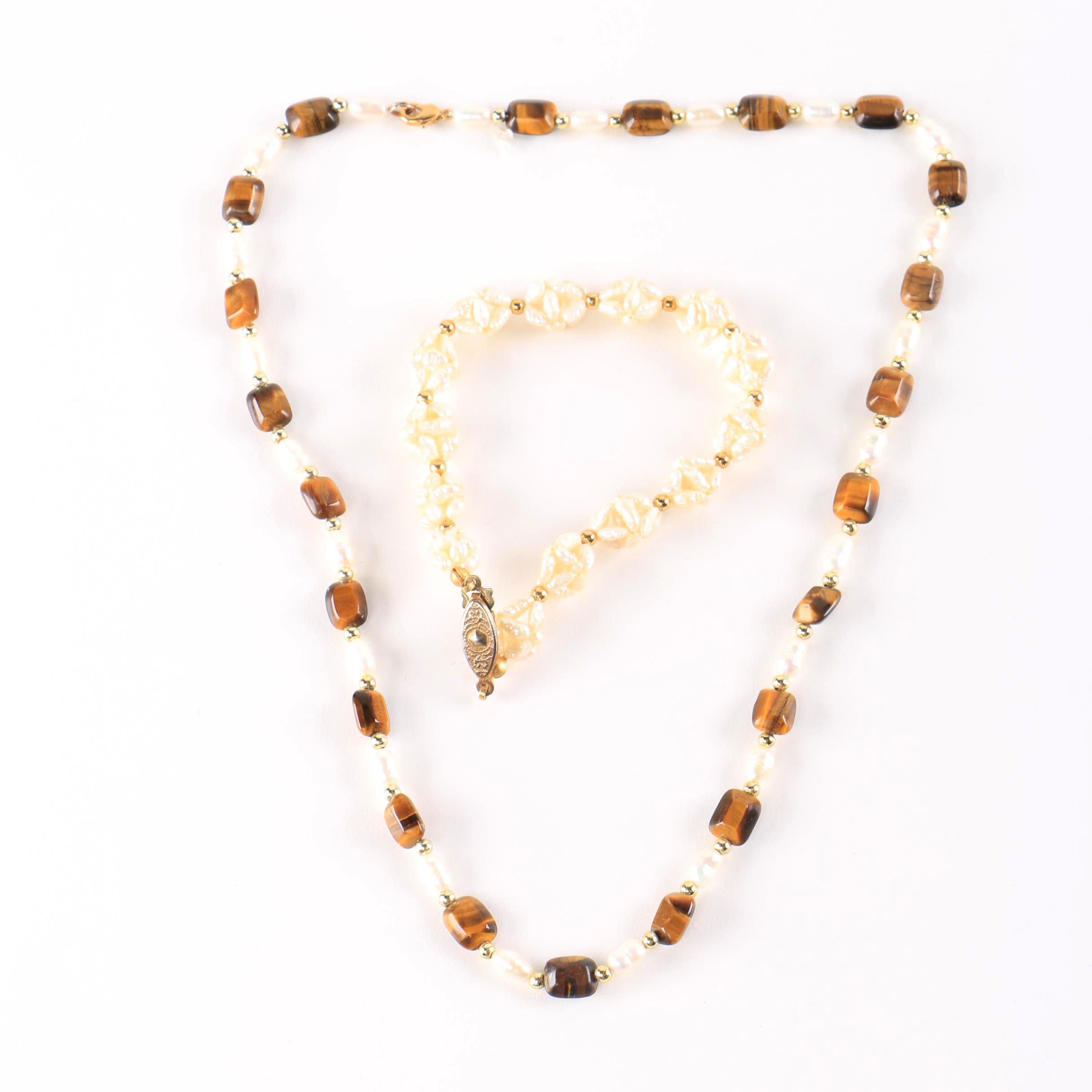 Freshwater Pearl and Tigers Eye  Necklace