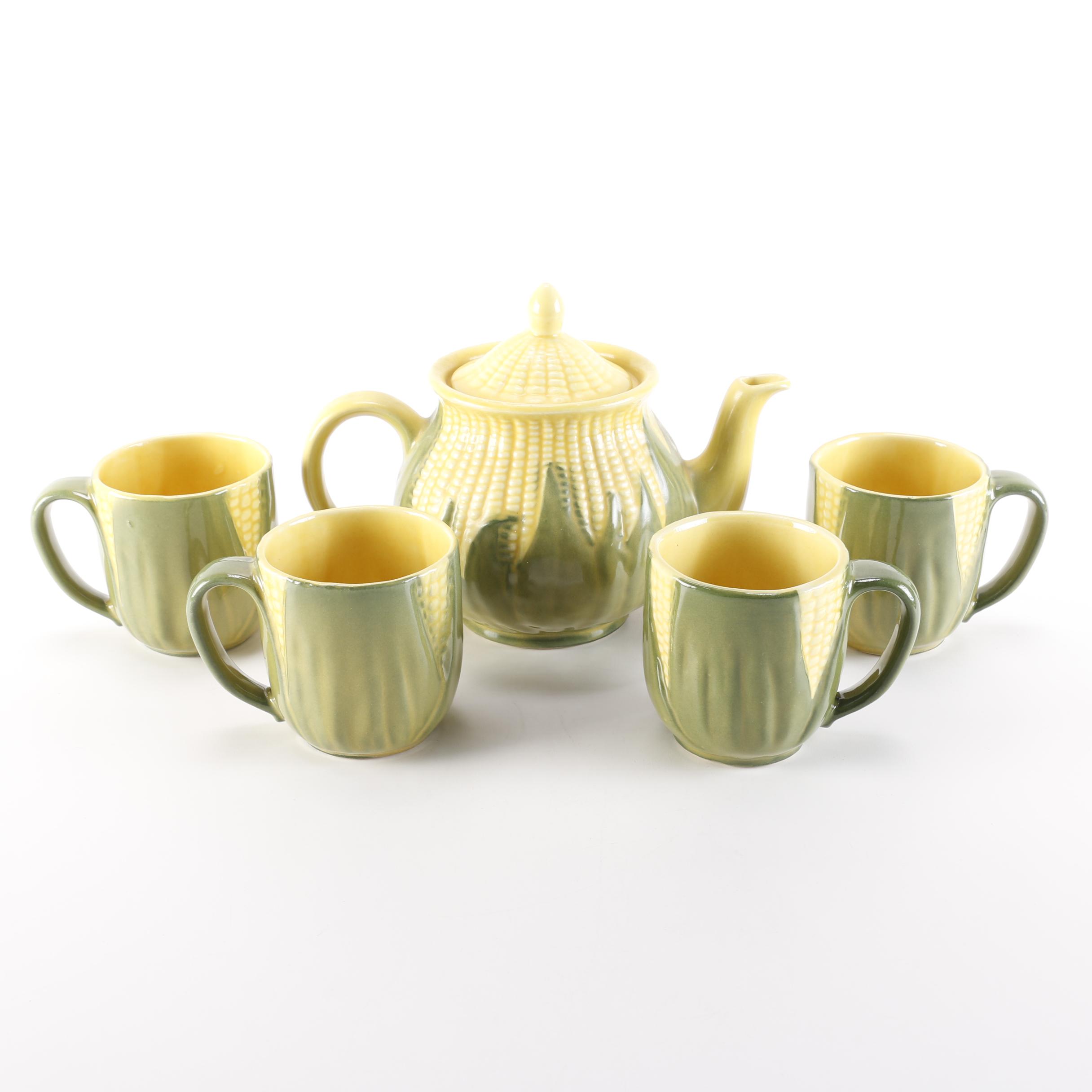 Vintage Shawnee "Corn King" Pottery Teapot and Mugs
