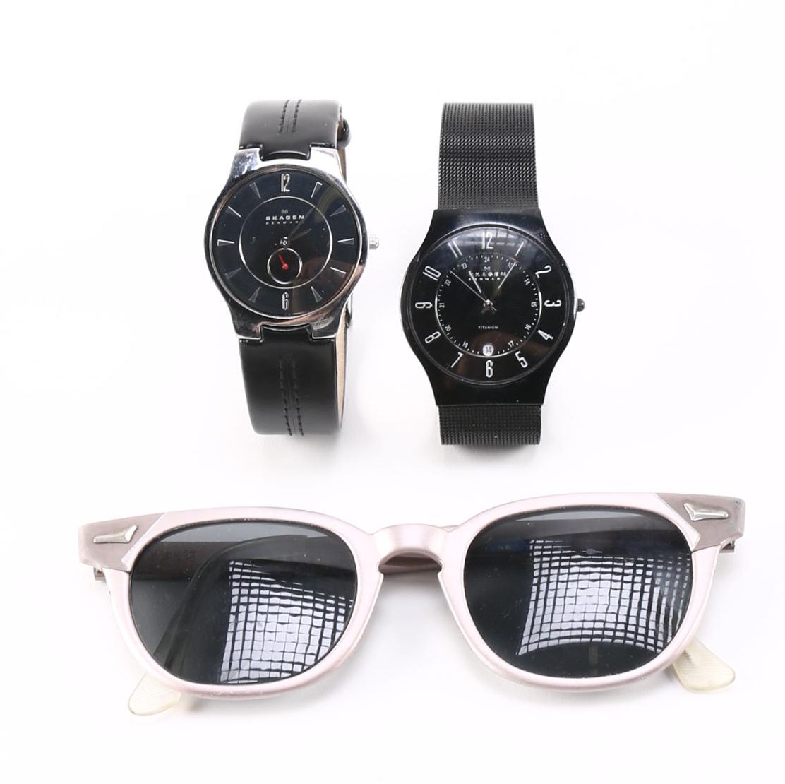 White Framed Wayfarer Sunglasses and Two Skagen Watches