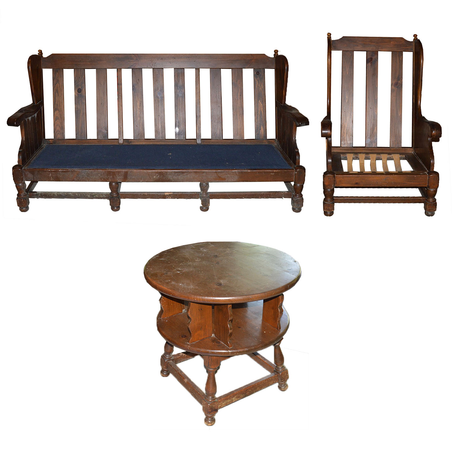 Vintage "Old Tavern" Wood Sofa, Chair, and Table by Ethan Allen