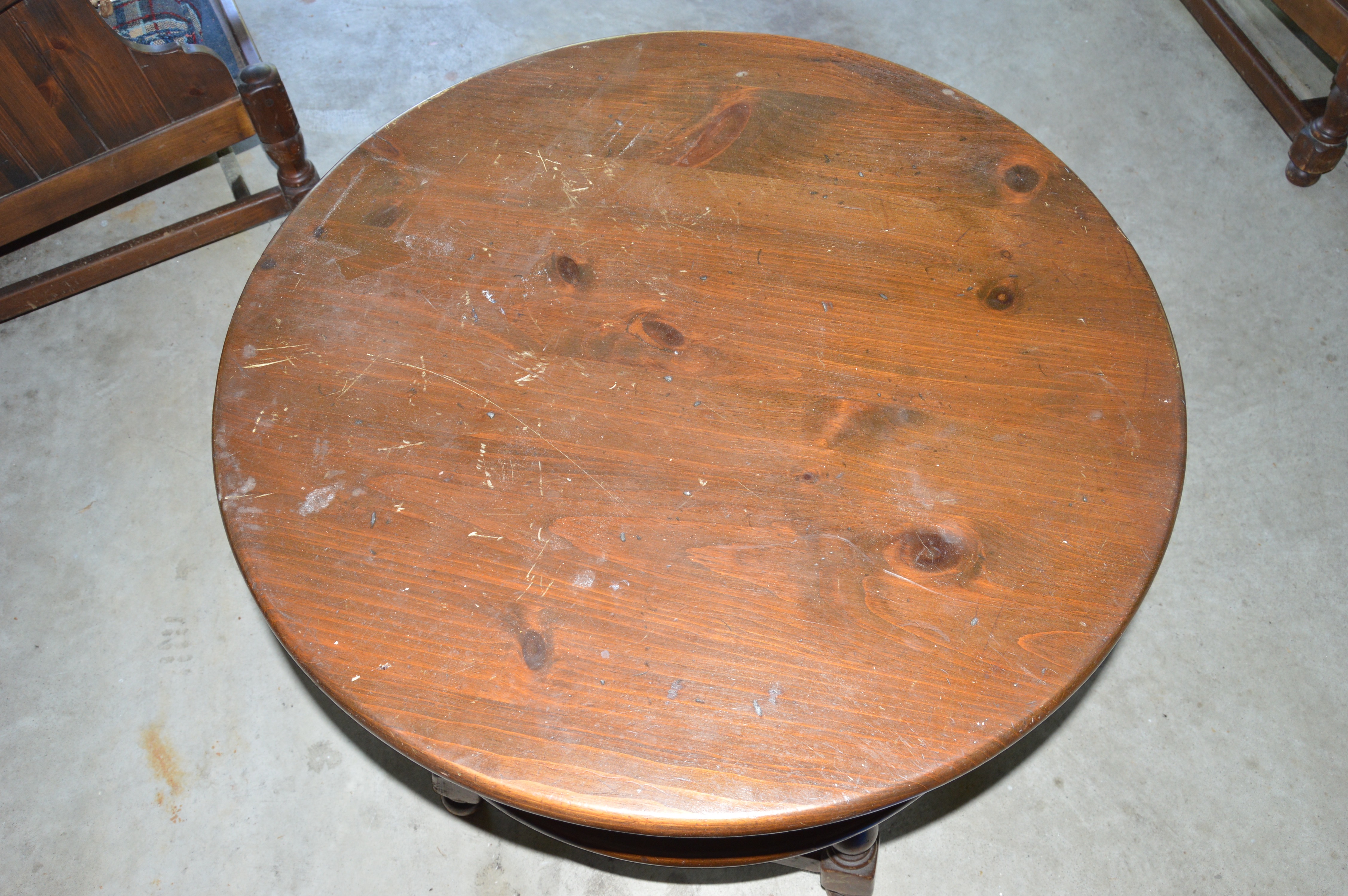 Vintage "Old Tavern" Wood Sofa, Chair, and Table by Ethan Allen