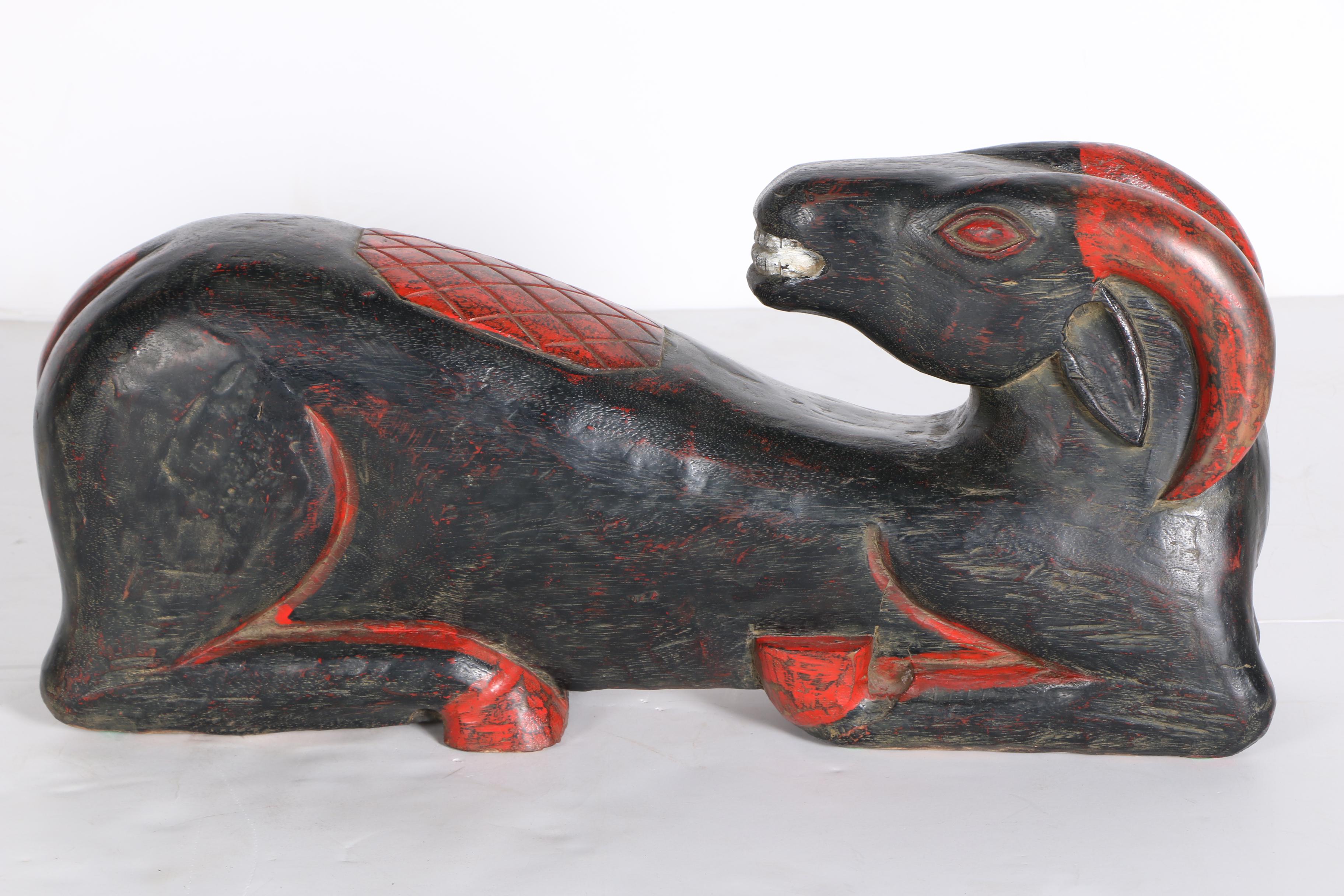 Hand-Painted Carved Wooden Ram