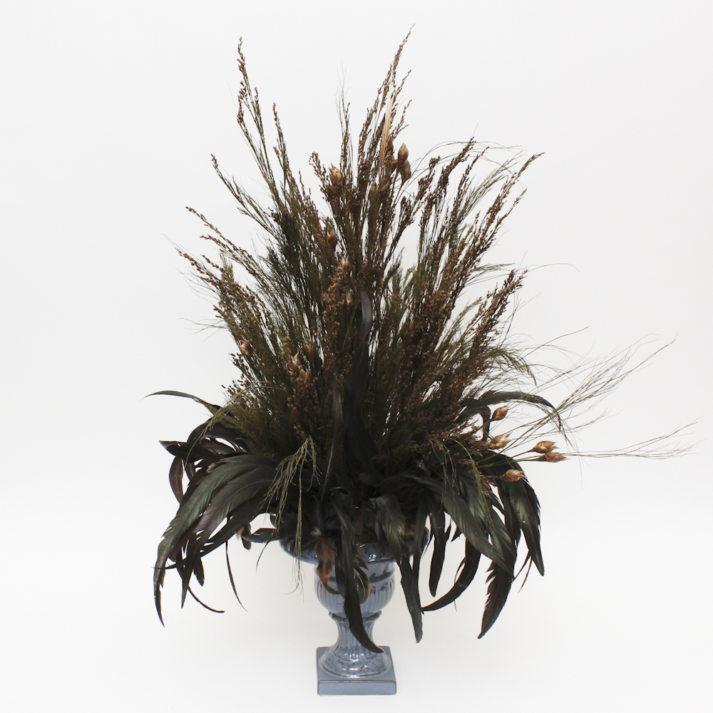 Floral and Feather Arrangement in Decorative Urn