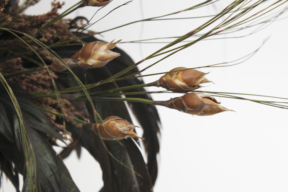 Floral and Feather Arrangement in Decorative Urn