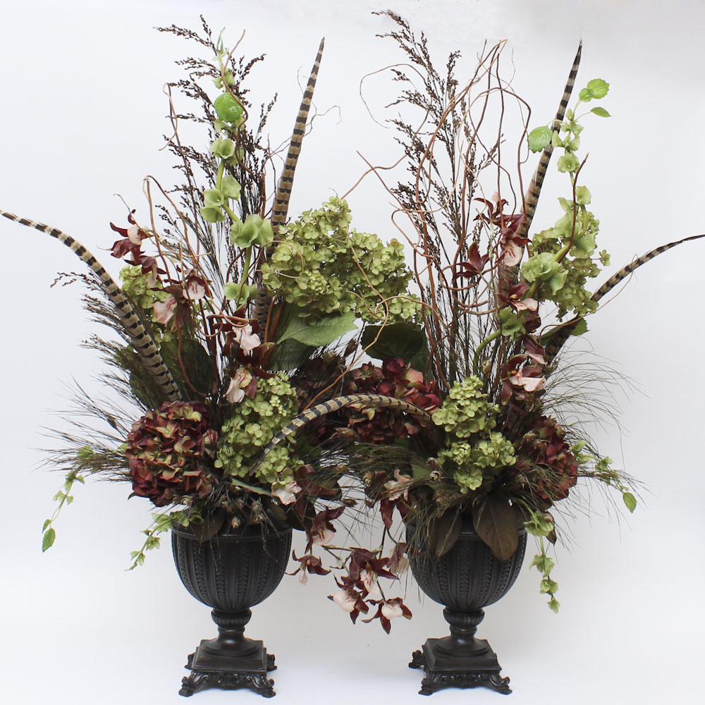 Pair of Decorative Urns With Silk Floral Arrangements