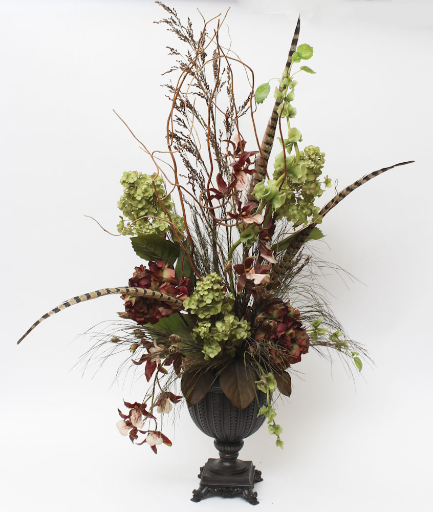 Pair of Decorative Urns With Silk Floral Arrangements