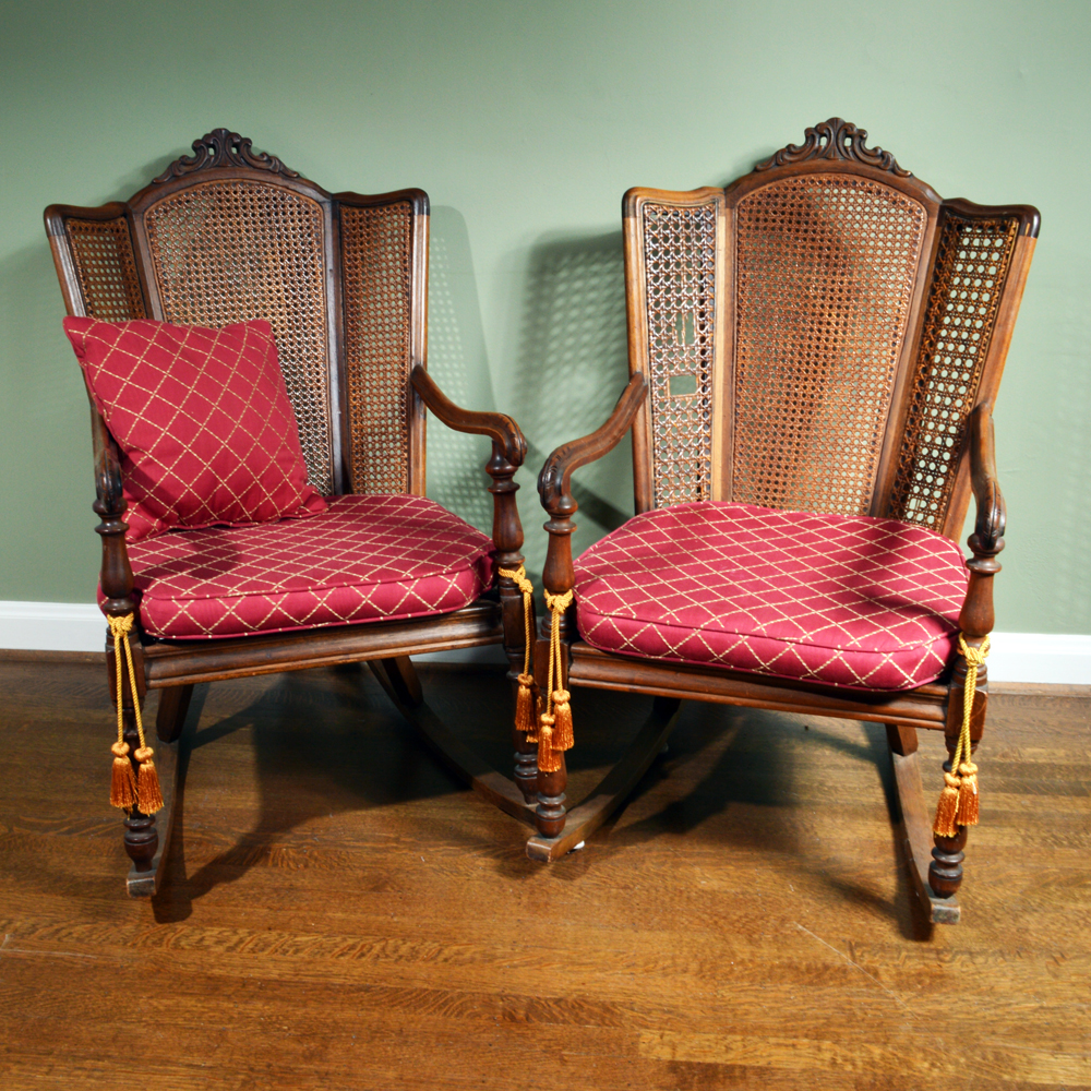Vintage Caned Wingback Rocking Chairs