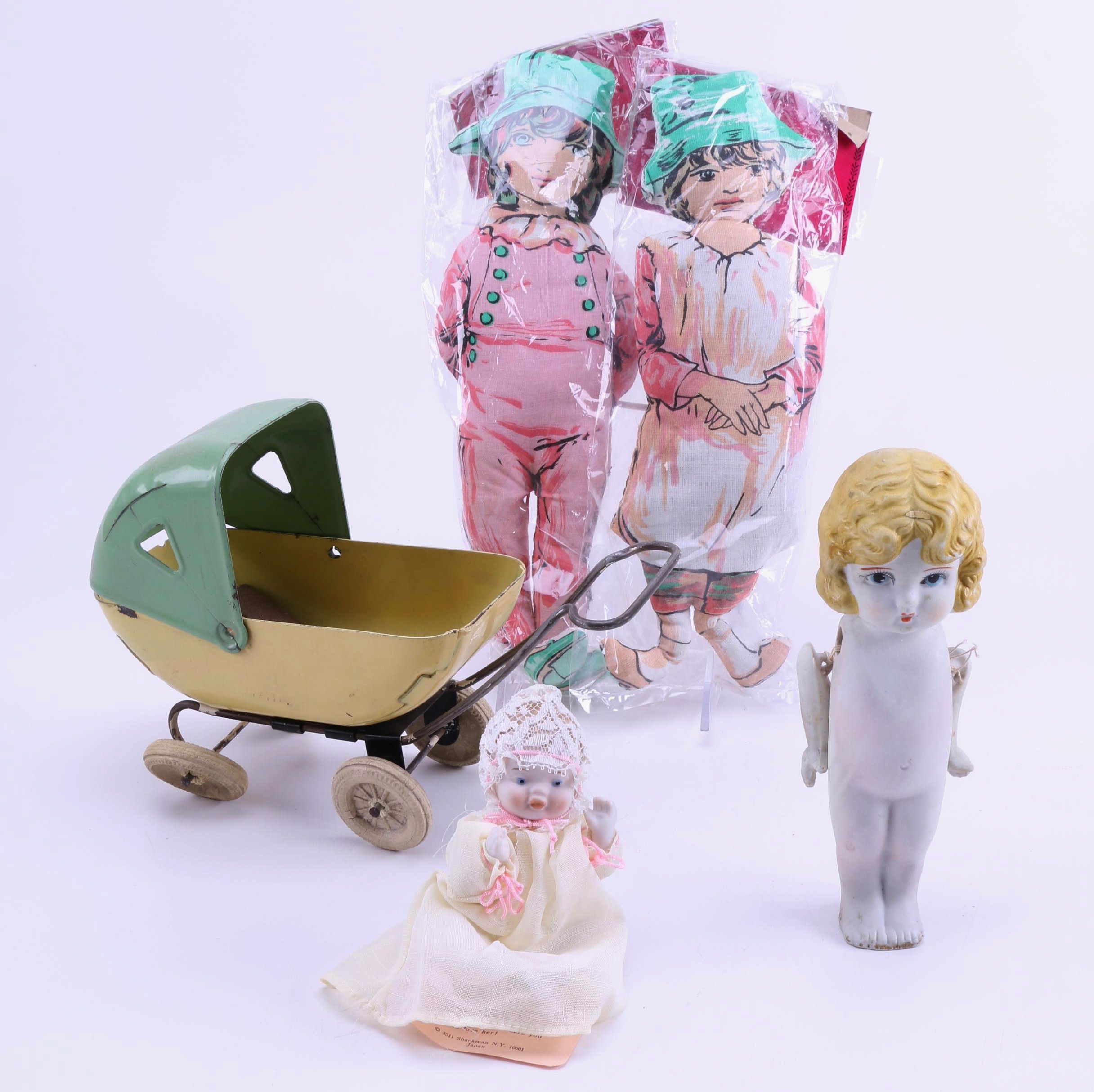 Assortment of Vintage Dolls and a Metal Stroller