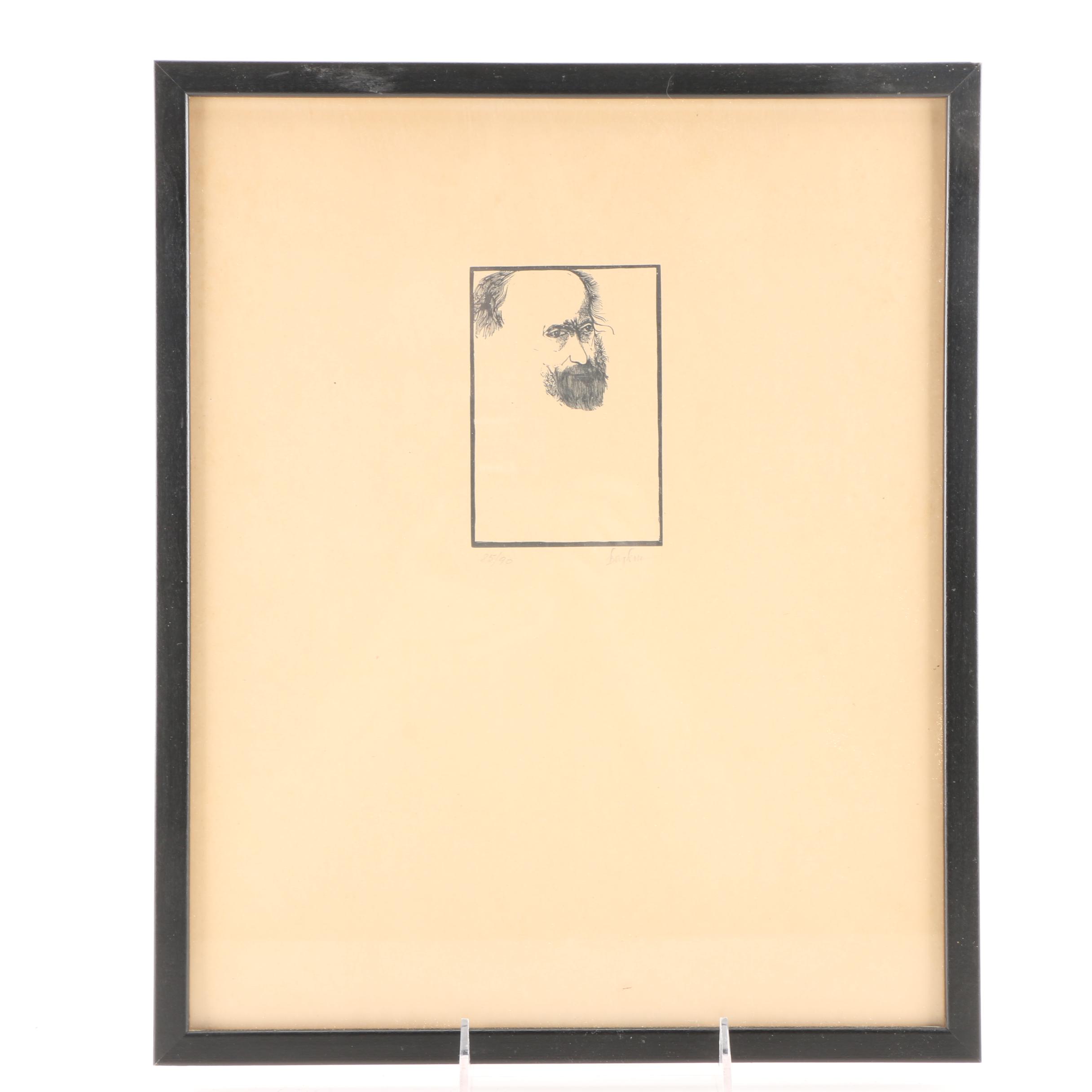 Leonard Baskin Limited Edition Woodblock Print of a Man