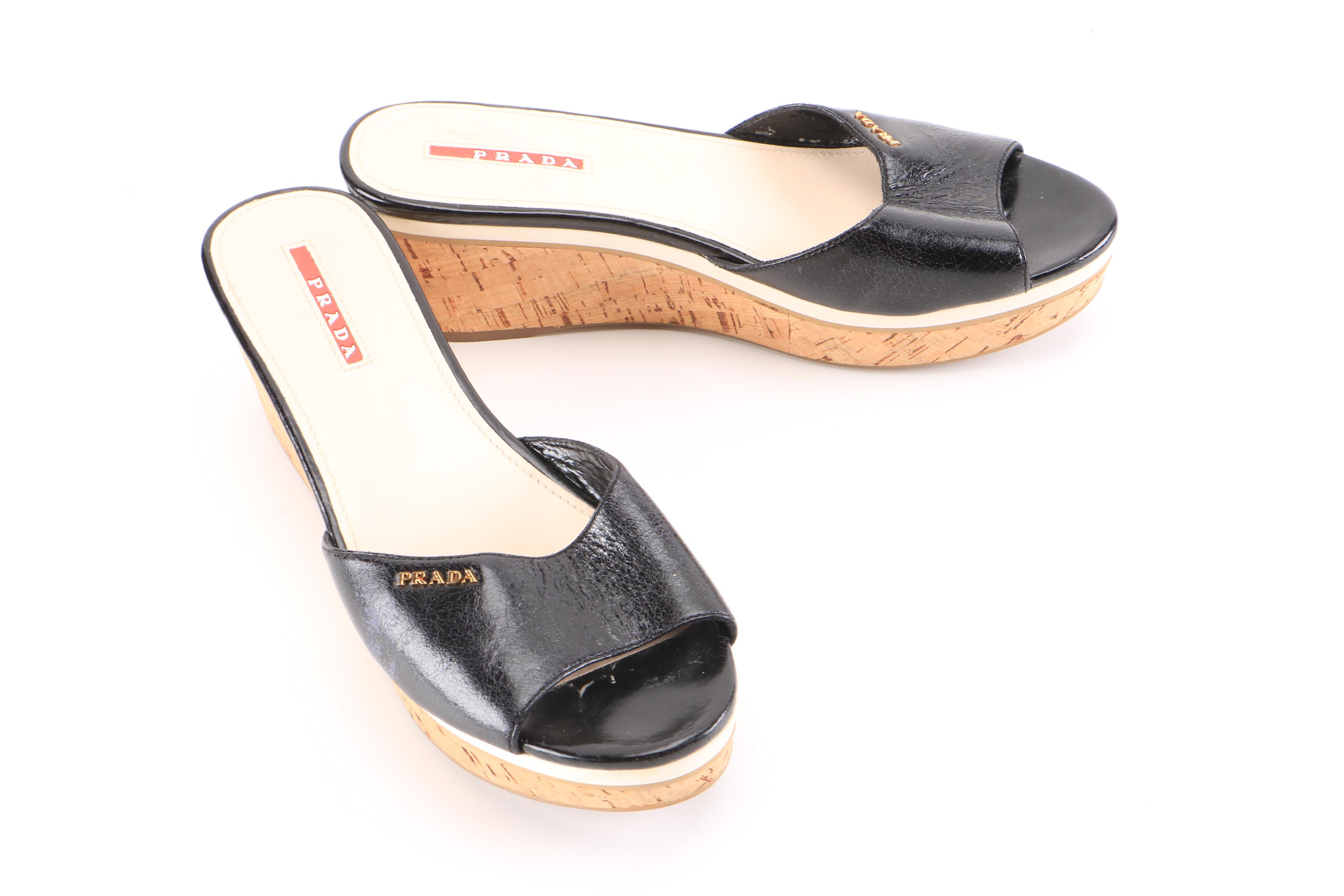 Prada Black Leather and Cork Platform Wedges
